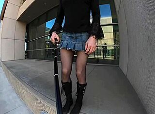 Public sissy walk with risky public fuck